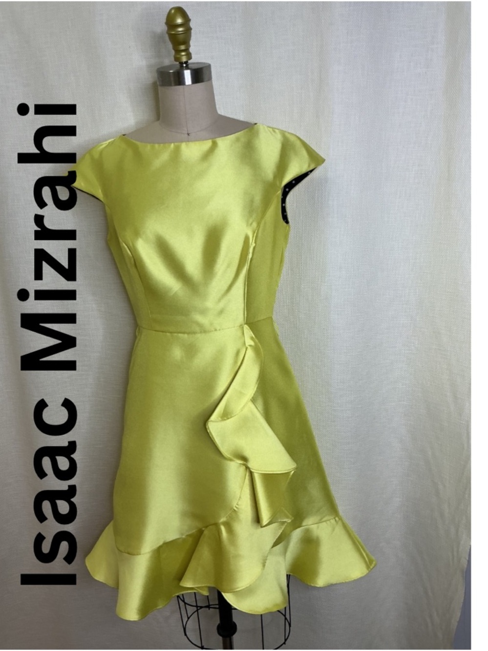 Isaac Mizrahi Lime Green Ruffle Dress Size 2 Elegant Cocktail Party Chic